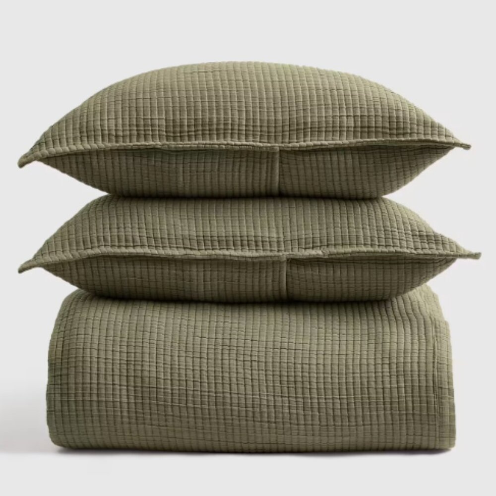 Quince Organic Ribbed Cotton Coverlet Set - Olive